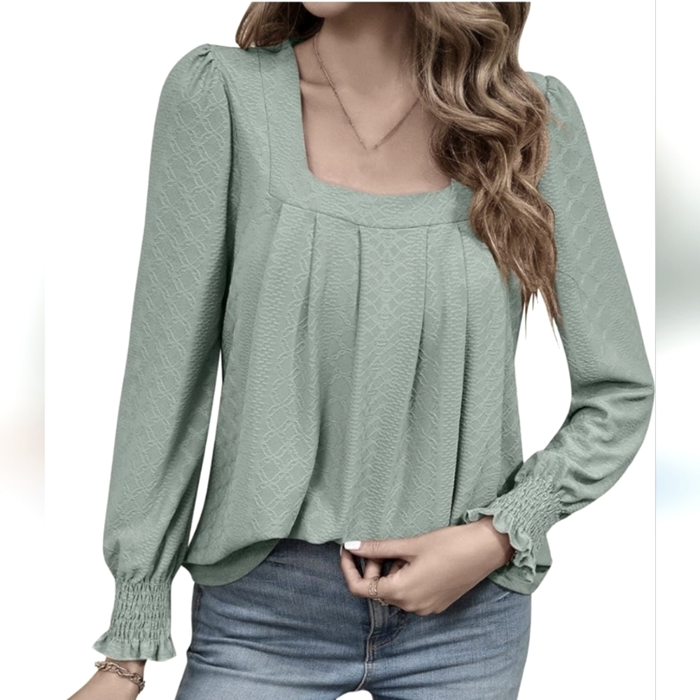 Women's Square Neck Long/Shirred Sleeve Solid Pleated Top Sz 1XL
